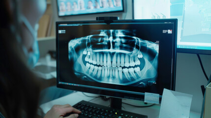 Naklejka premium Dental professional analyzing a detailed dental X-ray on a computer screen, emphasizing technological advancements in oral healthcare.