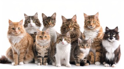 A group of nine cats of different breeds poses together against a white backdrop