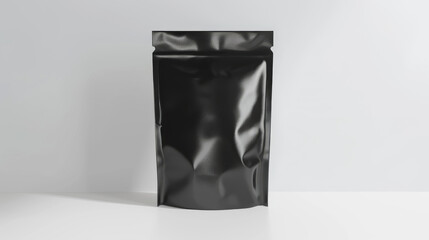 A sleek black packaging pouch set against a minimalist white background, emphasizing simplicity and modern design.