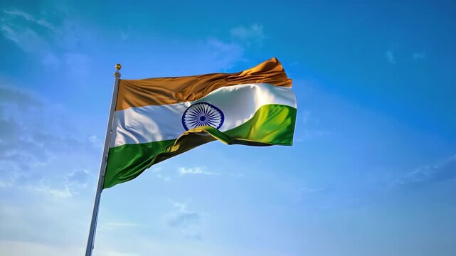 Close up Indian flag waving in the wind against blue sky background. National symbol of India. Independence Day footage. Indian video screensaver. Hindu flag on flagpole in slow motion.