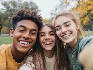 Fototapeta premium A group of friends posing with smartphones for a selfie, having fun and capturing the moment