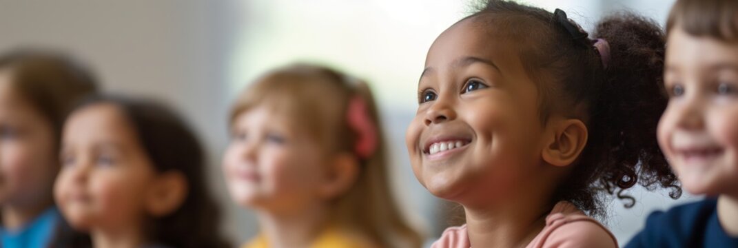 A group of happy young children sitting together in a classroom setting, focusing on something interesting with bright smiles, creating a joyful atmosphere.