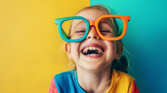 A joyous young child with missing front teeth laughs exuberantly while wearing oversized, colorful glasses against a vibrant yellow and teal background.
