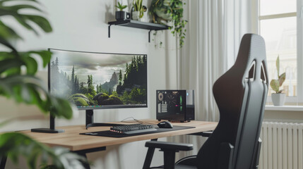 A minimalist home office featuring a curved monitor, keyboard, ergonomic chair, houseplants, and a sunlit window, designed for productivity.