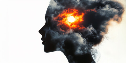 Concept of women's mental health. Birth of a new idea. Multiple exposure image with clouds and sun inside a silhouette of a female head
