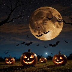 Fototapeta premium A bats flying in the night sky on a full moon on Halloween, Jack-o'-lantern pumpkins are light on the ground