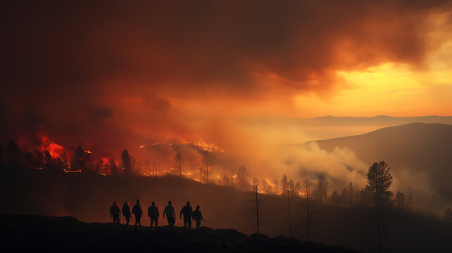 panorama of a forest fire. a group of silhouettes of people watching the landscape glow of a large wild forest fire, natural disaster cataclysm, climate warming