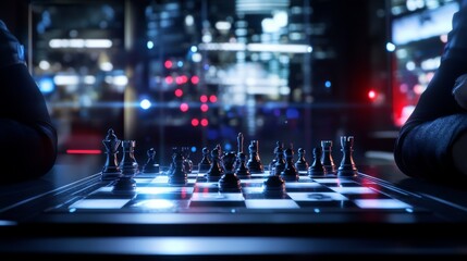 Image capturing the intense atmosphere of players engaged in a high-stakes chess game set in a modern, well-lit room, representing strategic depth and mental challenge.