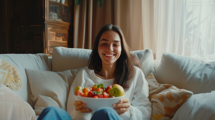 A woman comfortably reclines on a sofa with a bright smile, holding a bowl of fresh fruits, exuding warmth and contentment.