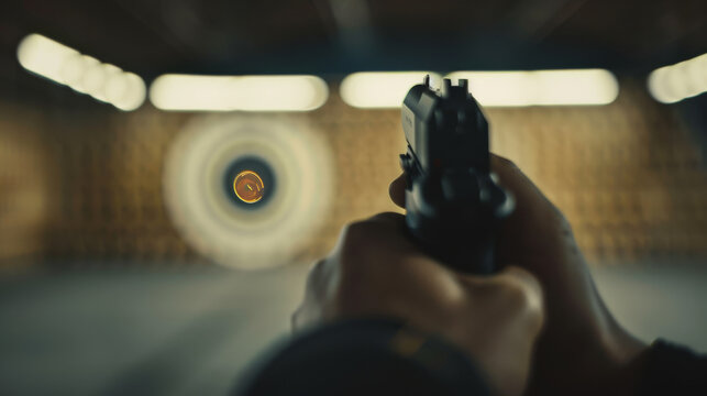 A close-up shot of a handgun aimed precisely at a distant target in a blurry shooting range, capturing the intense focus and precision of practice.
