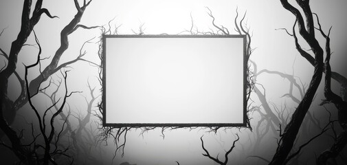 Detailed 3D model of a rectangular blank space framed by ghostly figures, sharp image, no people, ideal for Halloween graphic design