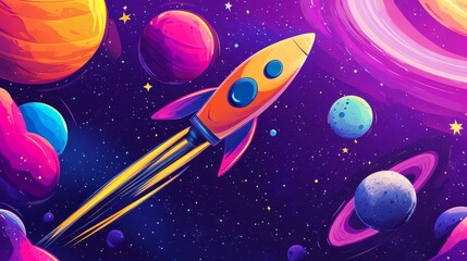 Naklejka premium illustration of cartoon rocket flying among colorful planets and stars in space