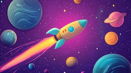Naklejka premium illustration of cartoon rocket flying among colorful planets and stars in space