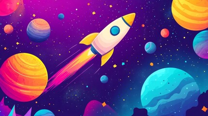 Fototapeta premium illustration of cartoon rocket flying among colorful planets and stars in space