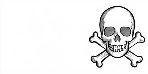 Minimalist line drawing of a skull and crossbones, symbolizing Halloween, in a clean and simple style, isolated on a white background with ample space for text