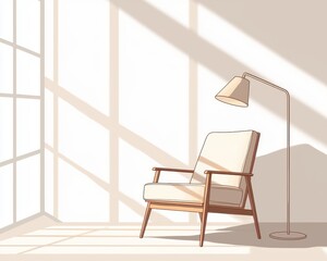 Simple line drawing of a comfortable reading nook with a chair, lamp, and bookshelf, highlighting a minimalistic design, isolated on a white background with room for text