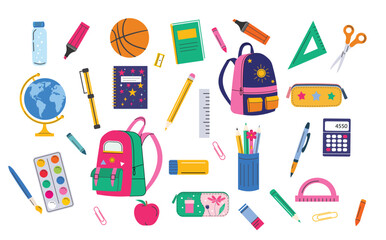 School supplies set, vector illustration. Education stickers collection. Welcome back to school concept. 