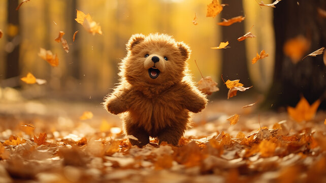 freedom plush abstract generated bear kicks autumn leaves in the park, October unusual change children's calendar