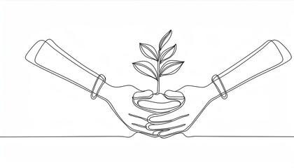 Continuous one line drawing two hands holding together a green young plant.