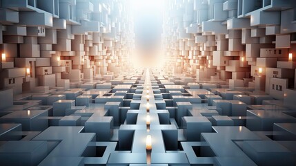 Fototapeta premium A mesmerizing abstract structure with illuminated pathways, creating a sense of depth and perspective in a digital environment.