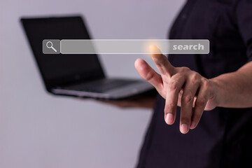 Young man hand with laptop touching search bar, Search job