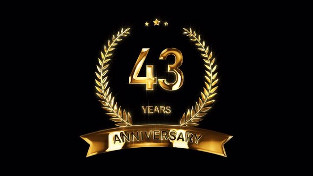 43rd Anniversary Celebration. Happy 43 Years Anniversary Animation in Gold Color on the Transparent Background, Alpha Channel. Great for greetings, celebrations, events, and gifts.