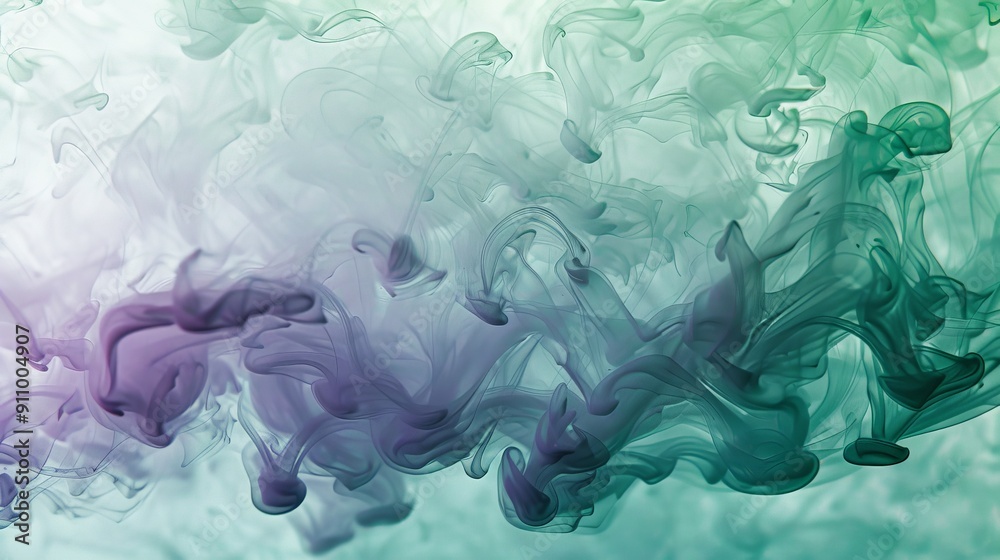 Poster This image depicts an abstract flow of green and purple smoke swirling together, creating a dynamic and ethereal visual effect that is both mesmerizing and calming.