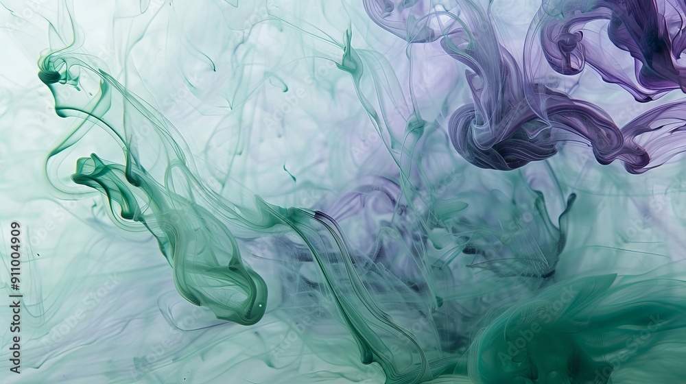 Poster abstract ink pattern on water, with gentle green and purple tones, minimal and visually appealing --