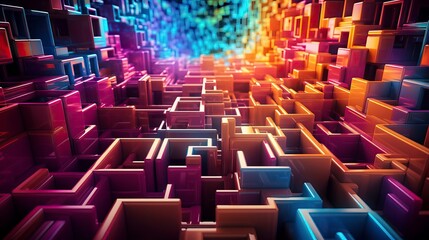 Obraz premium A vibrant abstract maze of colorful geometric shapes, creating a digital landscape full of depth and modernity.