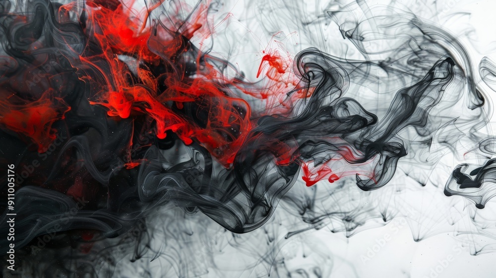 Fototapete abstract ink pattern on water, with vibrant red and black swirls, minimal and visually appealing des