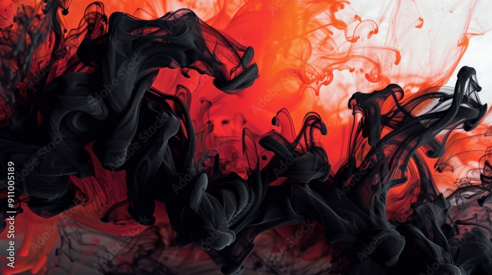 Poster Artistic image of flowing black and red ink blending smoothly in liquid, creating captivating visuals with intricate patterns and gradients against a white canvas-like background.