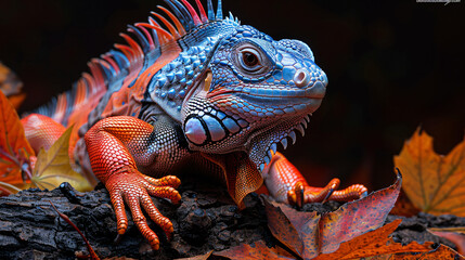 Fototapeta premium Vibrant red and blue iguana close up With black background