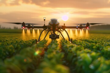 advanced agricultural drone sleek design hovering over lush green fields precision spray nozzles holographic interface futuristic farm landscape golden hour lighting
