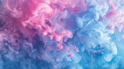 Fototapeta premium Soft pink and blue ink clouds interact fluidly in this image, creating a dynamic visual that symbolizes delicate emotions and the seamless blend of contrasting elements in nature.
