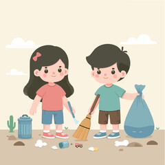 people cleaning nature by collecting garbage into trash bags. Family working together and picking plastic litter. Colored flat vector illustration isolated on white background