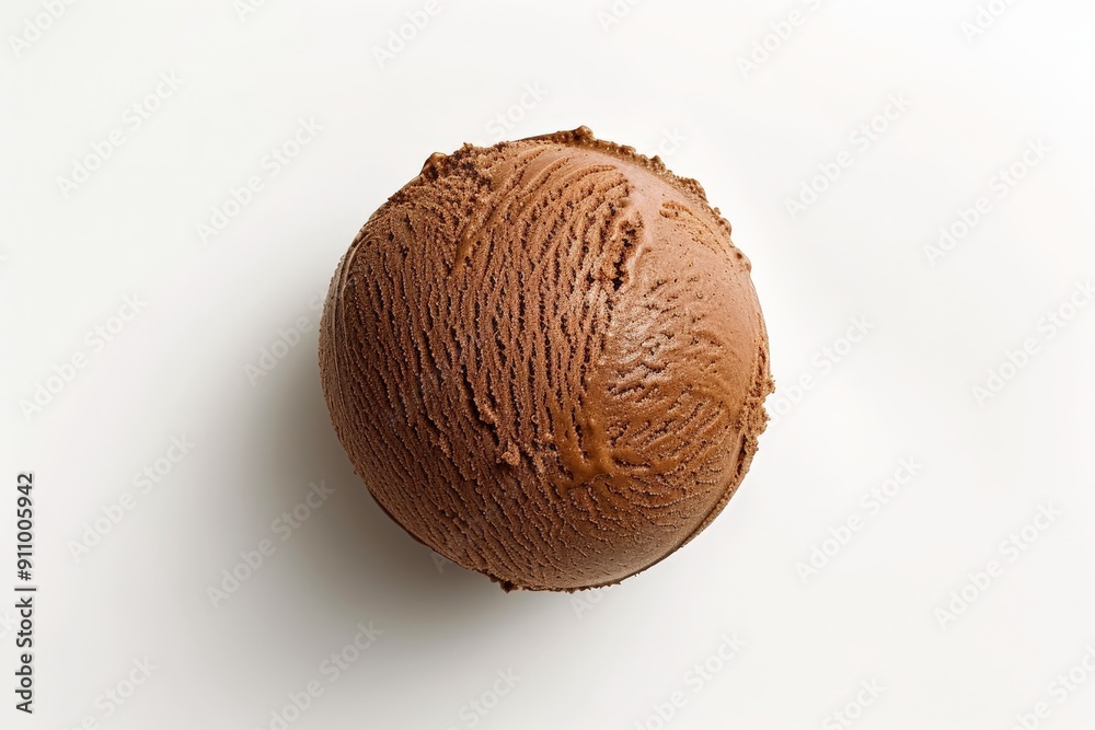 Poster a single chocolate ice cream scoop displayed on a white background, showing the rich, creamy texture