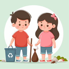 people cleaning nature by collecting garbage into trash bags. Family working together and picking plastic litter. Colored flat vector illustration isolated on white background