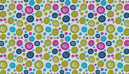 Seamless pattern with colorful circles. Linear spiral vector illustration. Green and blue swirl round circles background.