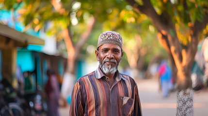 Fototapeta premium South Indian Muslim Man in Traditional Cap, 65 Years Old, Full Body Portrait