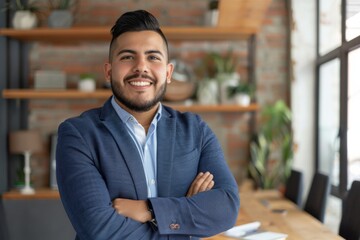 Fototapeta premium Confident Young Latino Businessman in Office Setting, Smiling Professional Leader