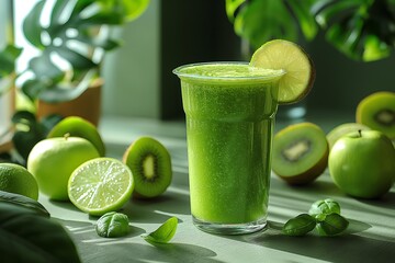 Healthy green smoothie in glass and ingredients. Super foods, detox, diet, healthy food.