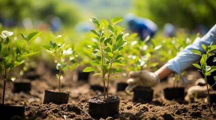 A close-up of a person planting young seedlings in rich soil, showcasing dedication to nurturing plants for a sustainable future.