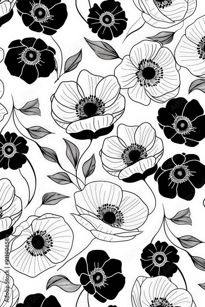 Poster a black and white floral pattern displaying various detailed flowers and leaves, crafted with intric