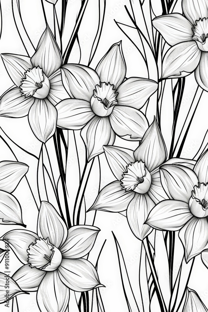 Poster beautiful seamless pattern featuring hand-drawn daffodils with detailed petals, showcasing the elega