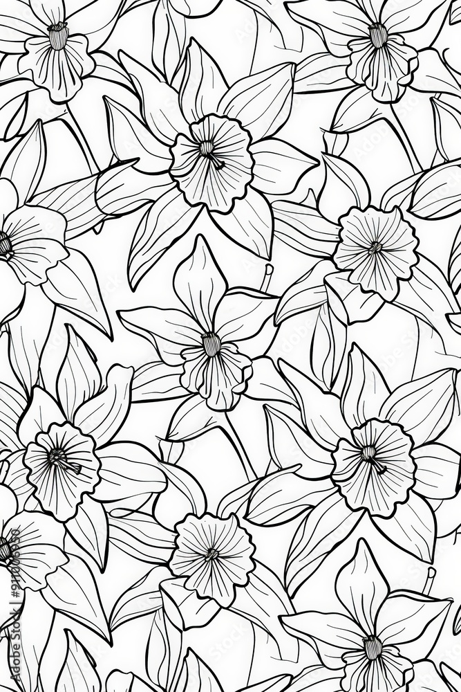 Poster stylized black and white artwork featuring daffodils in a seamless pattern, offering a combination o