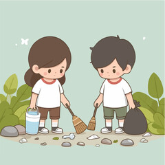 people cleaning nature by collecting garbage into trash bags. Family working together and picking plastic litter. Colored flat vector illustration isolated on white background