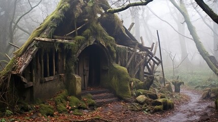 Abandoned medieval hermits cabin in foggy woods
