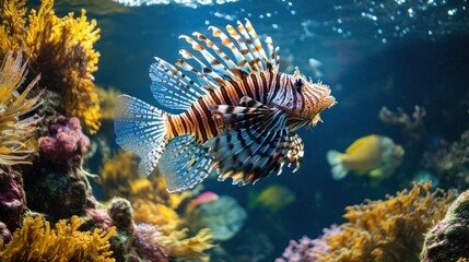 Striped Lionfish Swimming Among Coral