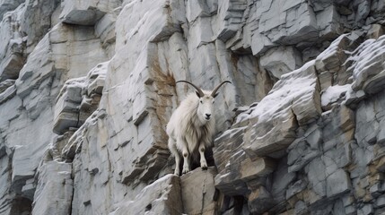 Fototapeta premium Agile goat climbs rugged cliff with ease
