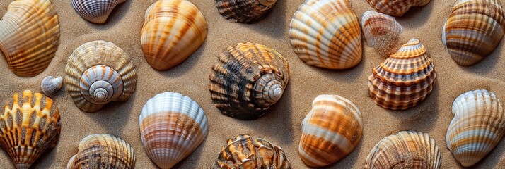 An array of different seashells neatly arranged on the golden sandy beach, showcasing diverse patterns and colors under natural sunlight.